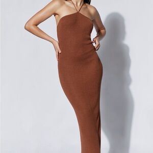 Aryana Asymmetrical Straight Maxi Halter Knit Dress